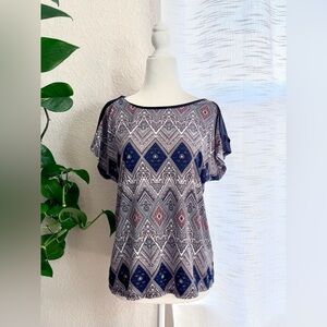 Lavish Boho Navy Diamond Print Short Sleeve Top